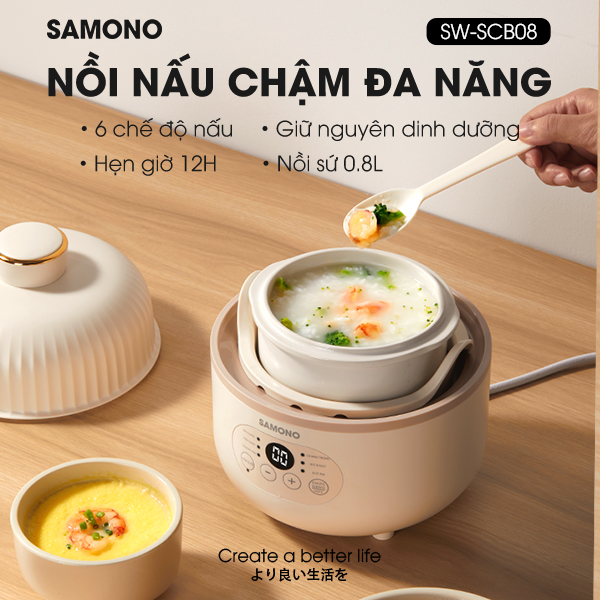 Nồi nấu chậm nấu cháo, ninh, hầm, chưng yến 6in1 SAMONO SW-SCB08 cho bé ăn dặm - Hàng chính hãng