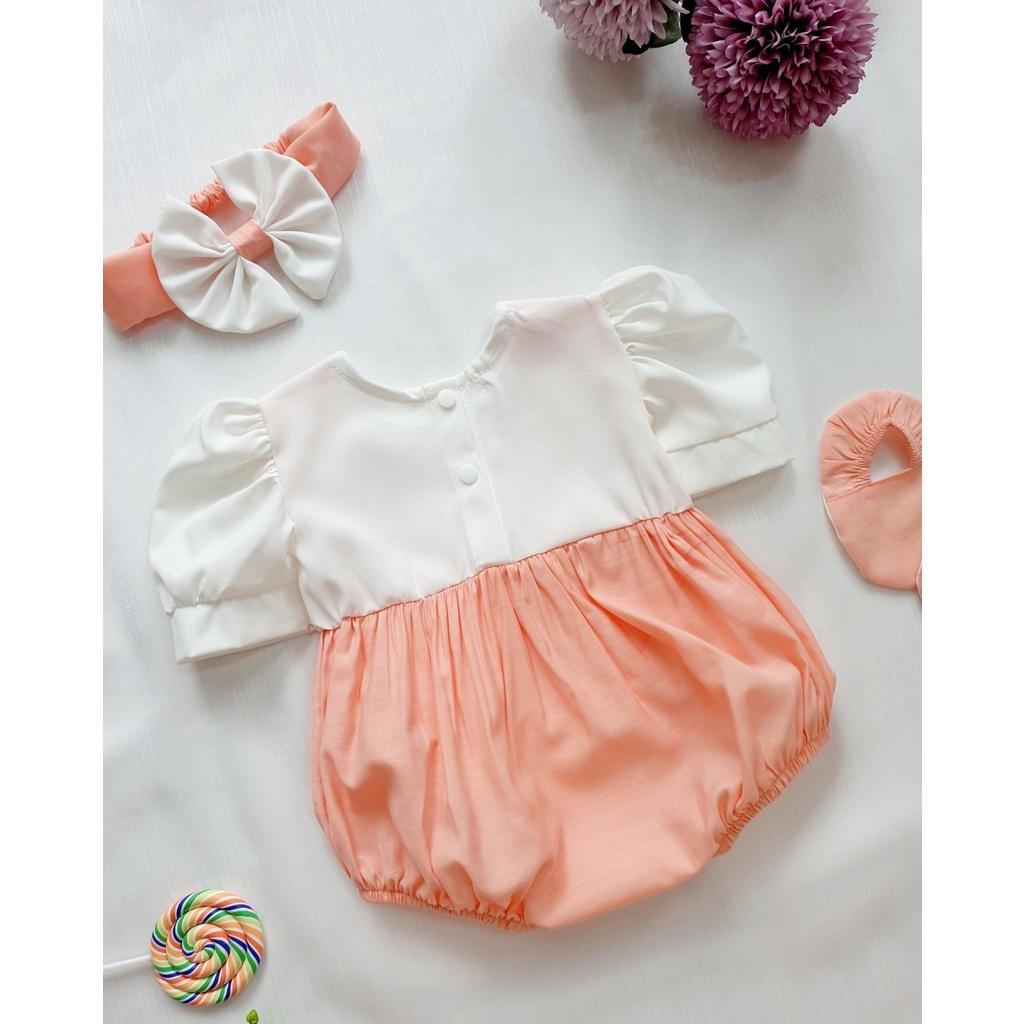 Body em bé gái sơ sinh Tặng kèm nón và giày vải Đũi lạnh cam phối lụa trắng Nau Baby Closet Quà Đầy tháng Thôi nôi