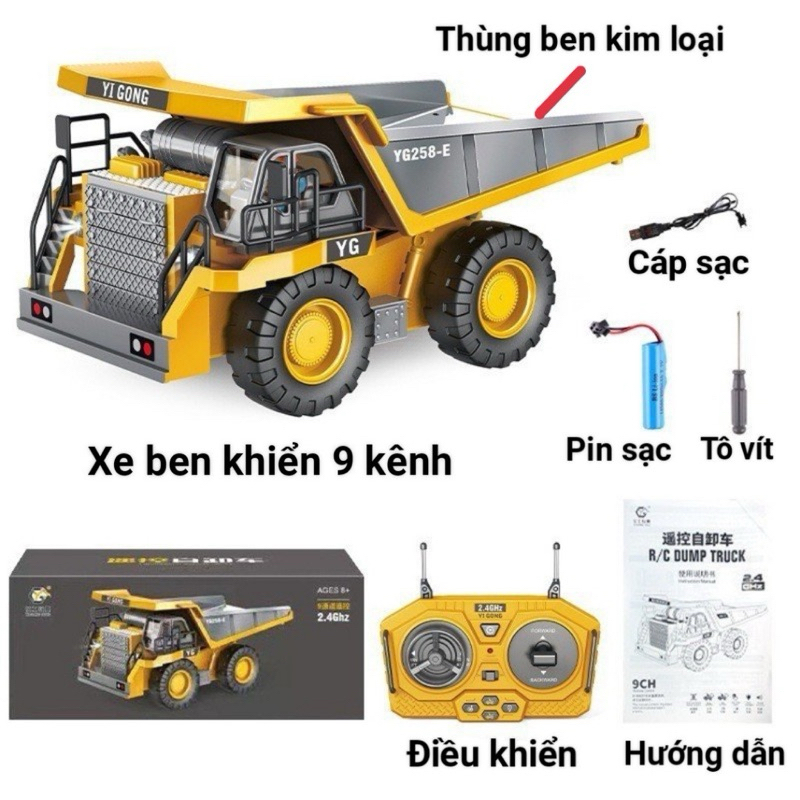 Đồ chơi trẻ em máy xúc, xe ben điều khiển từ xa có gầu sắt, bánh xích, đồ chơi điều khiển từ xa cho bé