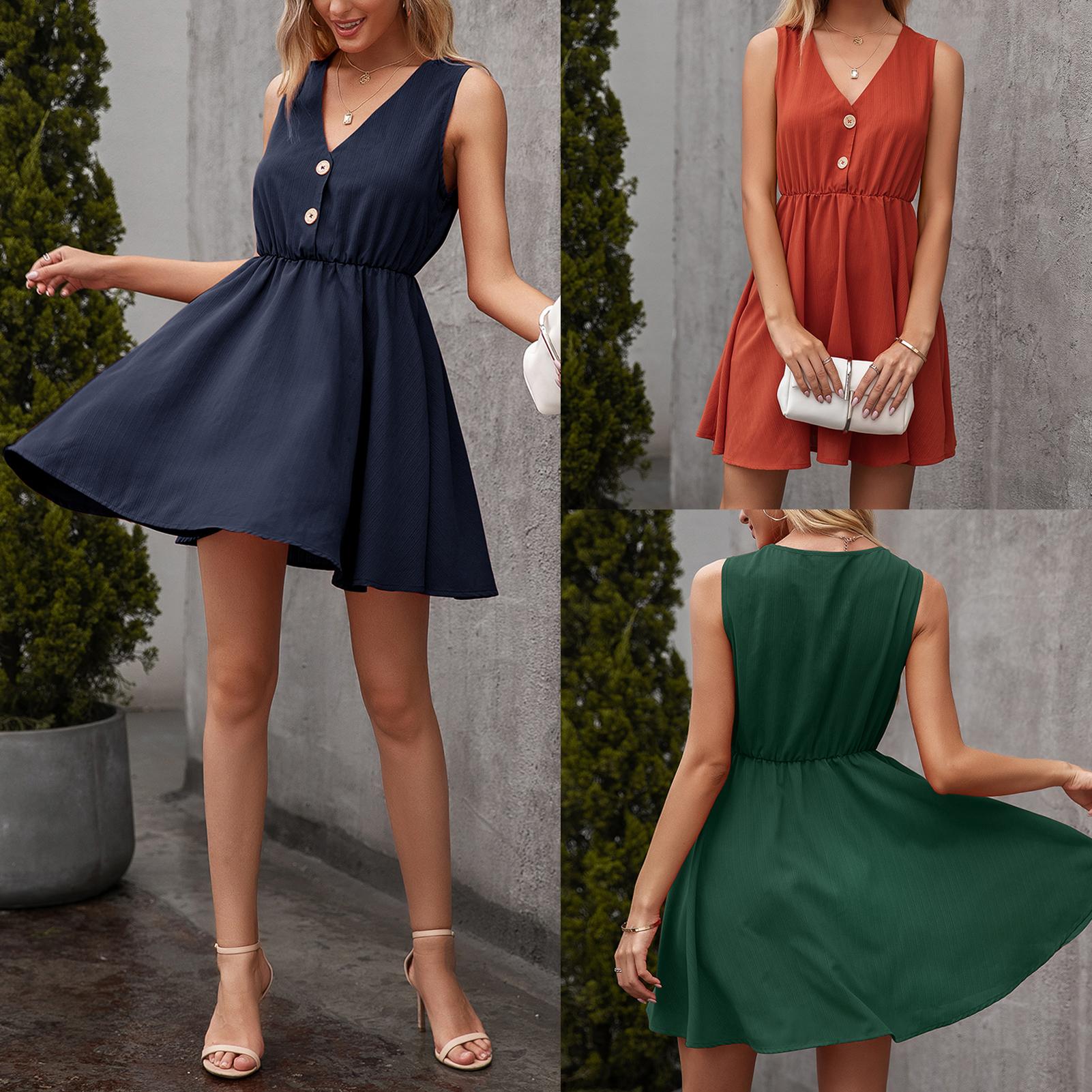 Fashion Women Solid Color Dress V Neck Sleeveless Button High Waist Loose Comfortable Mini Dress