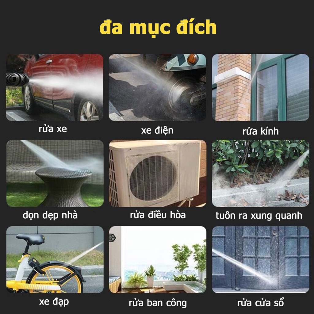 Máy rửa xe mini dùng pin áp lực cao không dây xịt rửa xe máy ô tô sân vườn kèm phụ kiện hàng cao câp