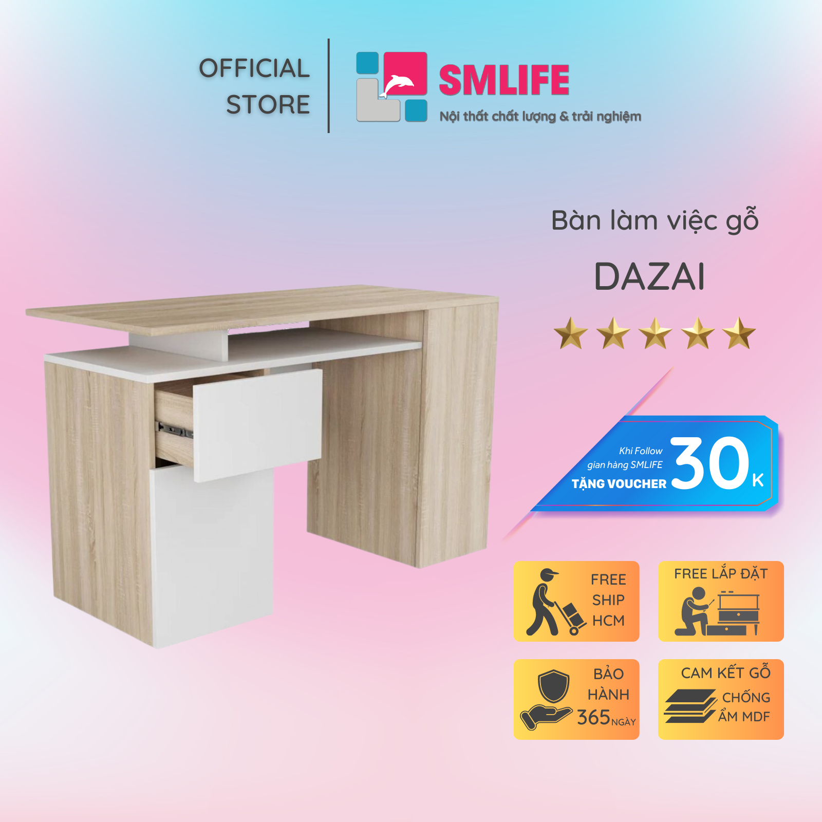 Bàn làm việc, bàn học gỗ hiện đại SMLIFE Dazai  | Gỗ MDF dày 17mm chống ẩm | D120xR55xC75cm