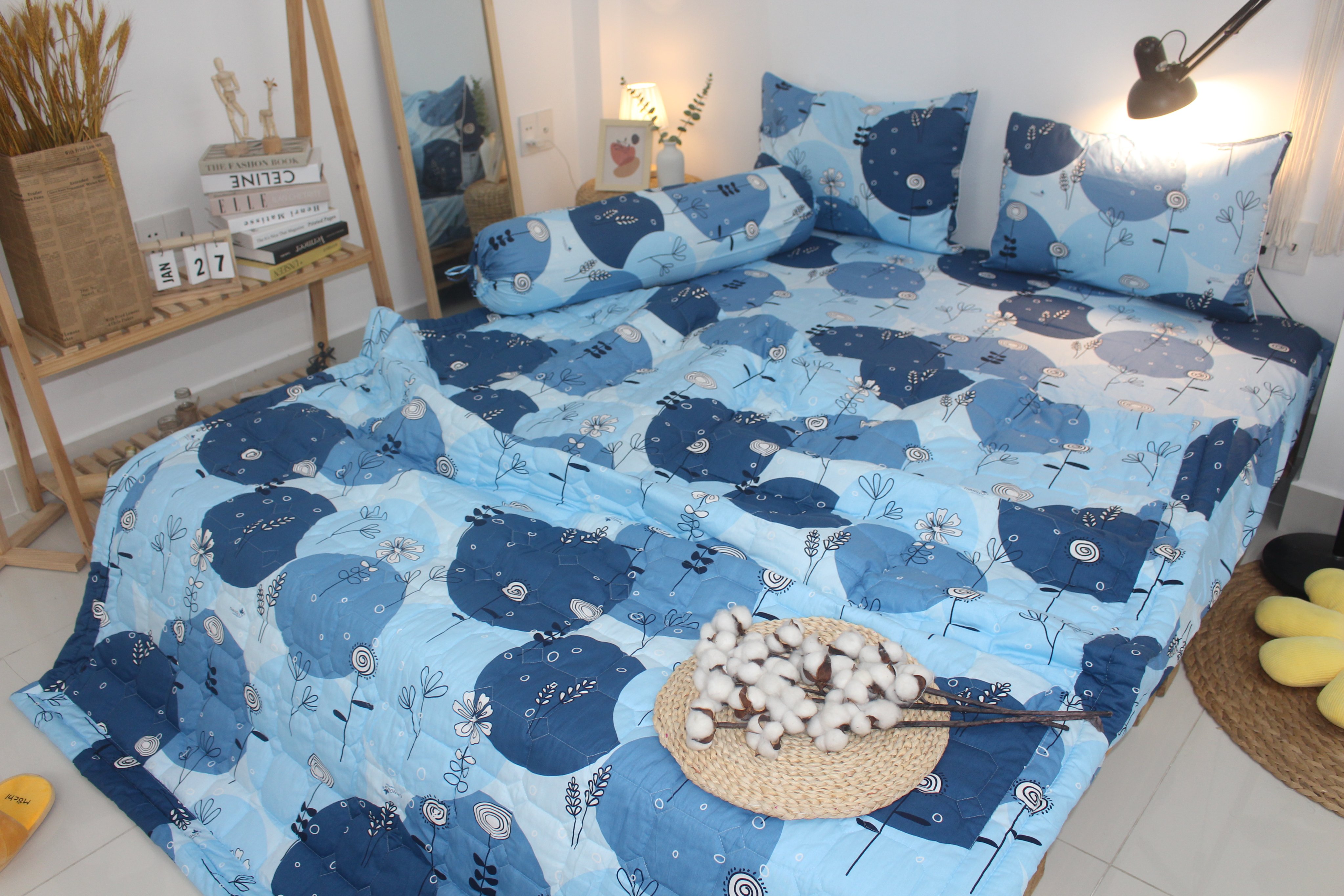 Bộ Drap Gối Cotton - Lập thể tròn xanh- vải dày dặn, mát mẻ, siêu thấm mồ hôi