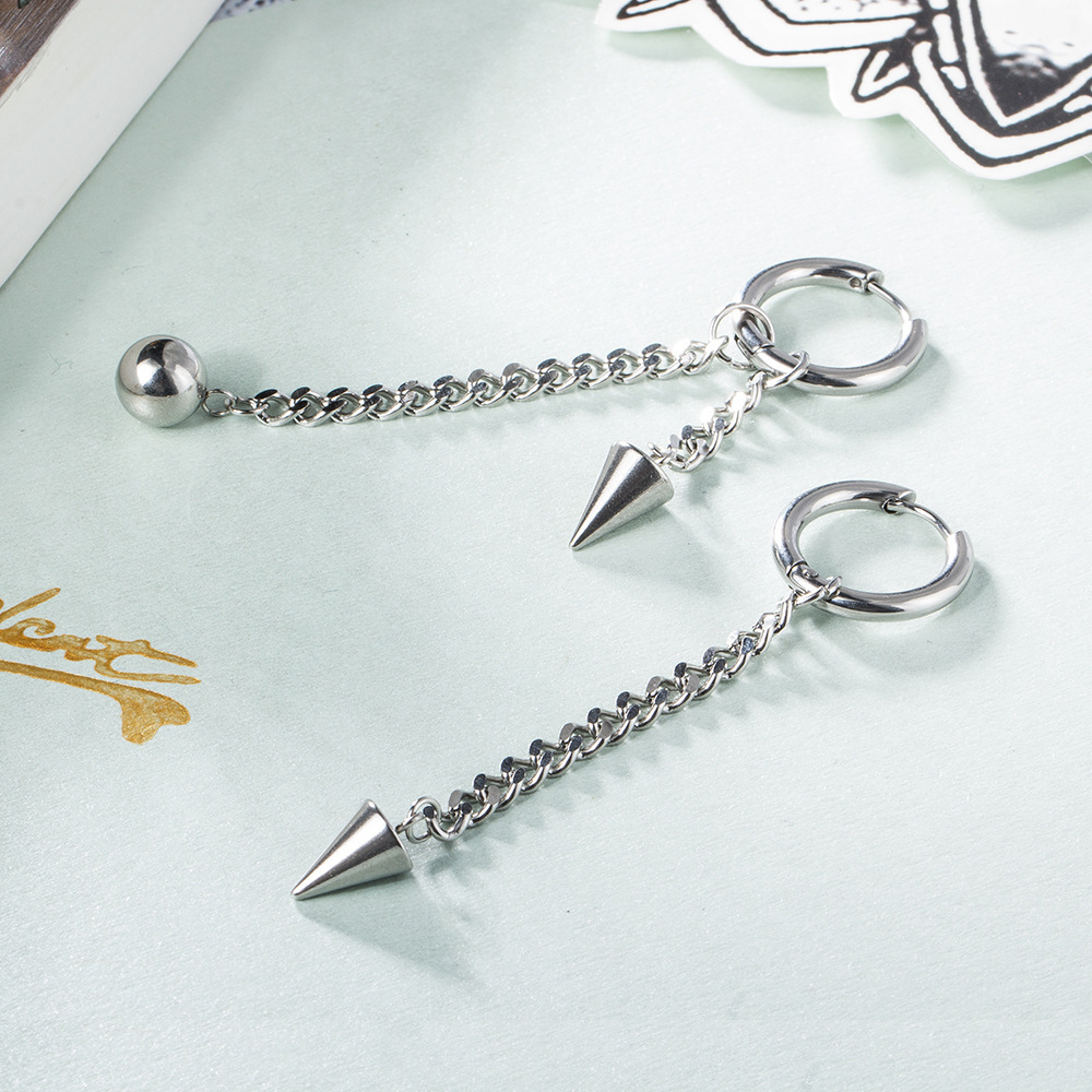 Đôi bông tai nam nữ bất đối xứng xích thả chóp thả bi cool ngầu