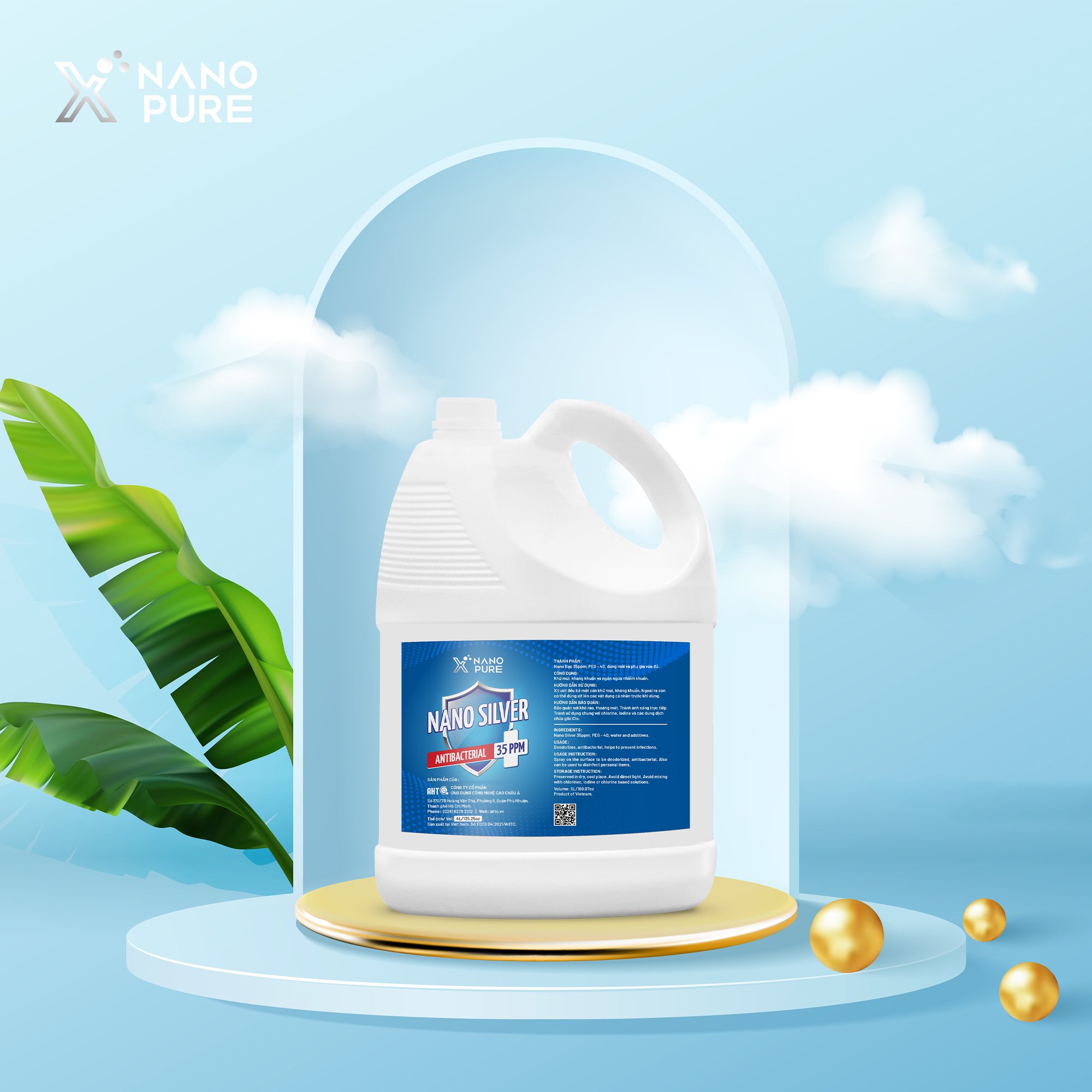 Dung Dịch Nano Bạc Khử Khuẩn Nano Xpure Nano Silver Antibacterial 35ppm 5 Lít-Dùng Với Máy Phun Sương-Khử Mùi, Diệt Khuẩn, Khử Khuẩn-Không Chứa Cồn-AHT CORP (AHTC)