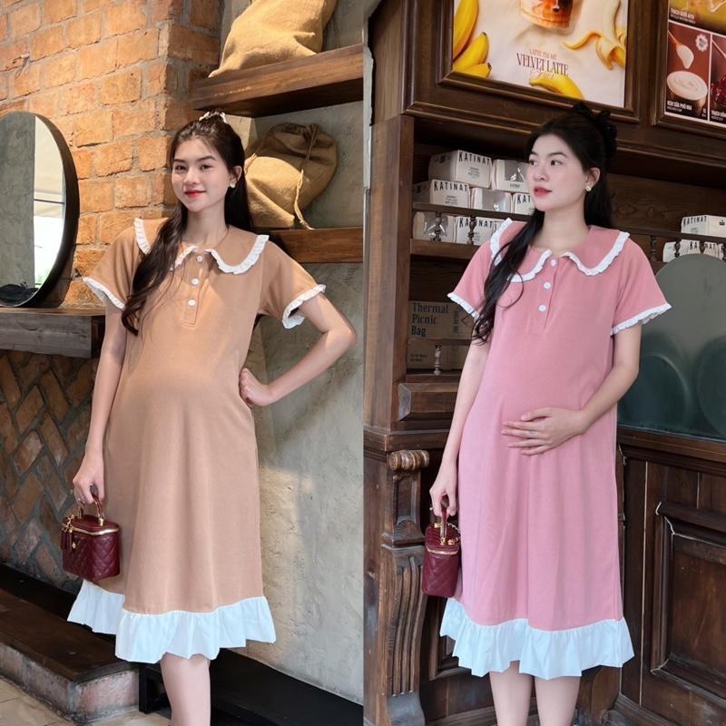 Đầm Bầu Polo Dáng Suông Cổ Sen Phối Viền Bèo Dễ Thương, Trẻ Trung Diện Mùa Hè - Đen