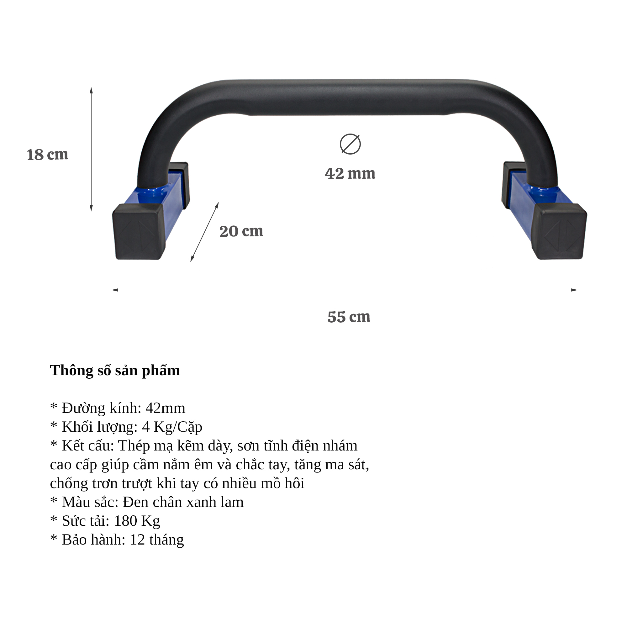 Dụng cụ chống đẩy, hít đất, Parallettes Push up cao 18cm Pocorrys PAP-08, Màu đen lam