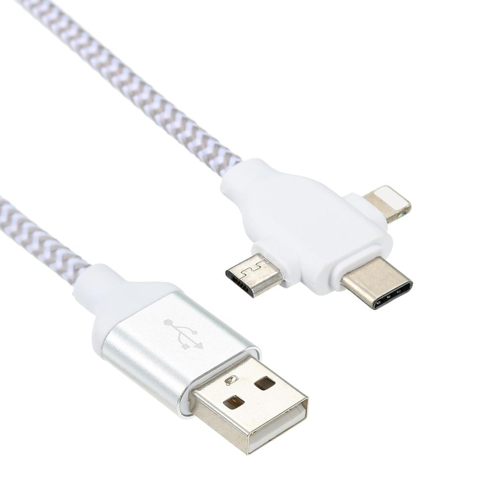 3 in 1 Charging Cable Data Cable 2.4A with Micro USB/Type-c Replacement for iPhone Xiaomi Huawei Samsung Nylon Braided