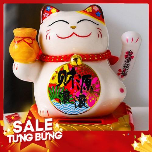 Mèo Thần Tài Vẫy tay năng lượng mặt trời bằng sứ 10cm