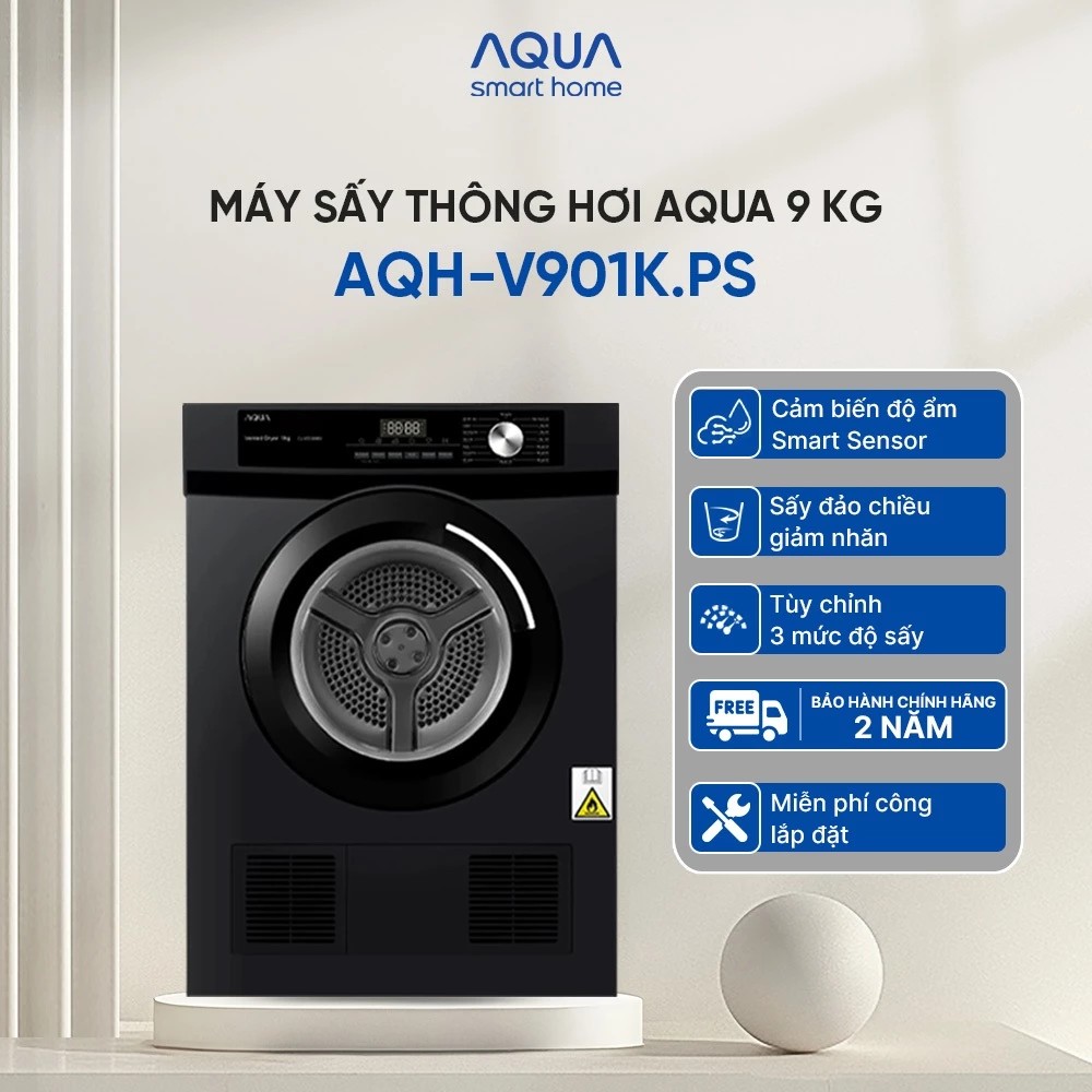 Máy sấy thông hơi Aqua 9 kg AQH-V901K PS - Freeship toàn quốc - Bảo hành 2 năm - Hàng chính hãng