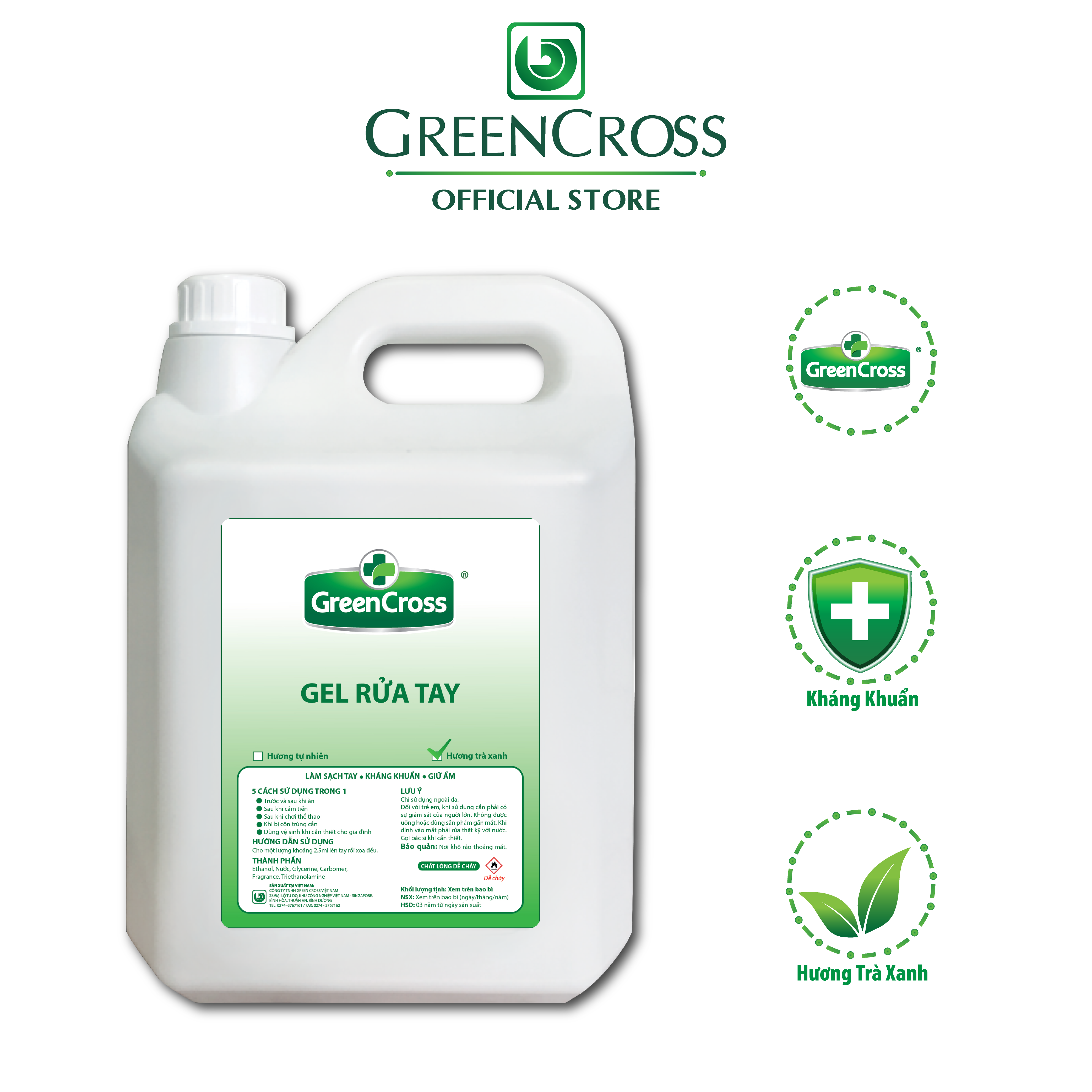 GEL RỬA TAY KHÁNG KHUẨN GREEN CROSS - CAN 5L Tặng thêm 1 Chai 500ml cùng loại