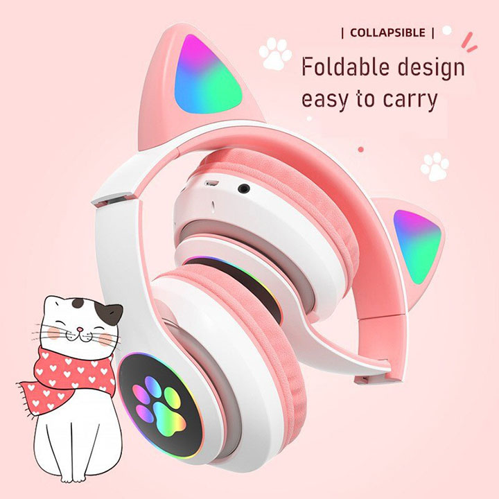 Tai nghe Bluetooth tai mèo đáng yêu có mic đàm thoại cao cấp, tai nghe mèo có đèn phát sáng cute tai nghe tai mèo thời trang, headphone Bluetooth đáng yêu có thể sử dụng khi chơi các tựa game online