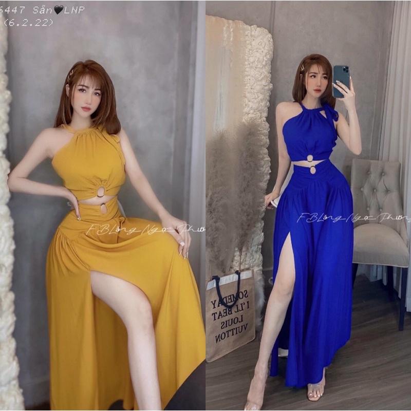 Set maxi đi biển xanh, vàng áo cổ yếm kèm chân váy maxi xẻ tà