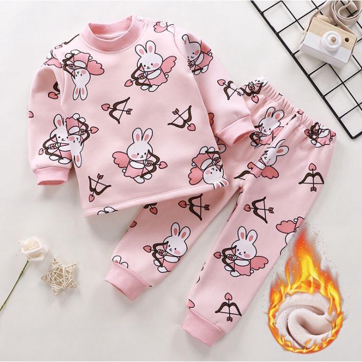 Bộ Quần Áo Thun Cotton Thu Đông Dài Tay Lót Nhung Dày Dặn Cho Bé Gái Màu Hồng Thỏ Cupid - Me Yeu Con 1102 - Từ 7-27 Kg