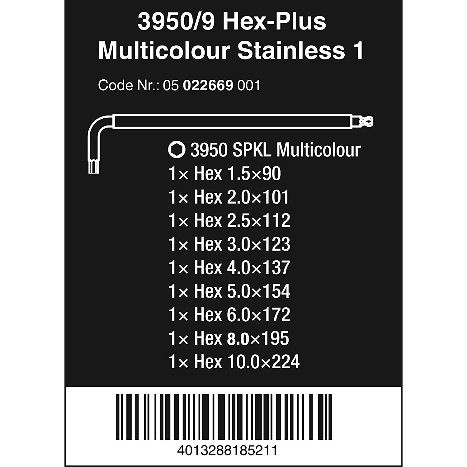 Bộ khóa lục giác thép không gỉ nhiều màu sắc 3950/9 Hex-Plus Multicolour Stainless 1 L-key set, metric, stainless Wera 05022669001