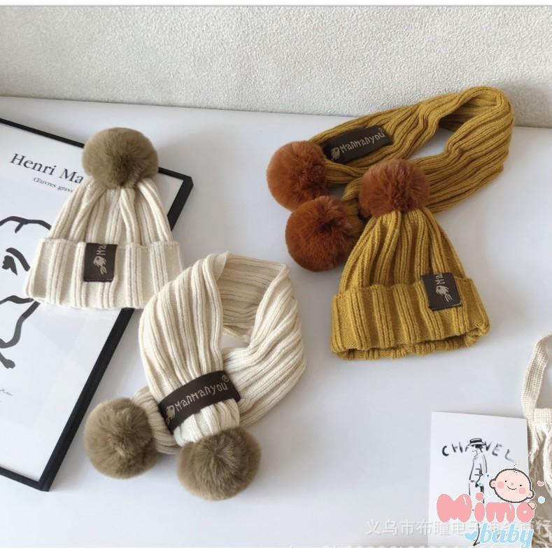 Set khăn mũ len trẻ em đính bông lớn len sọc dọc