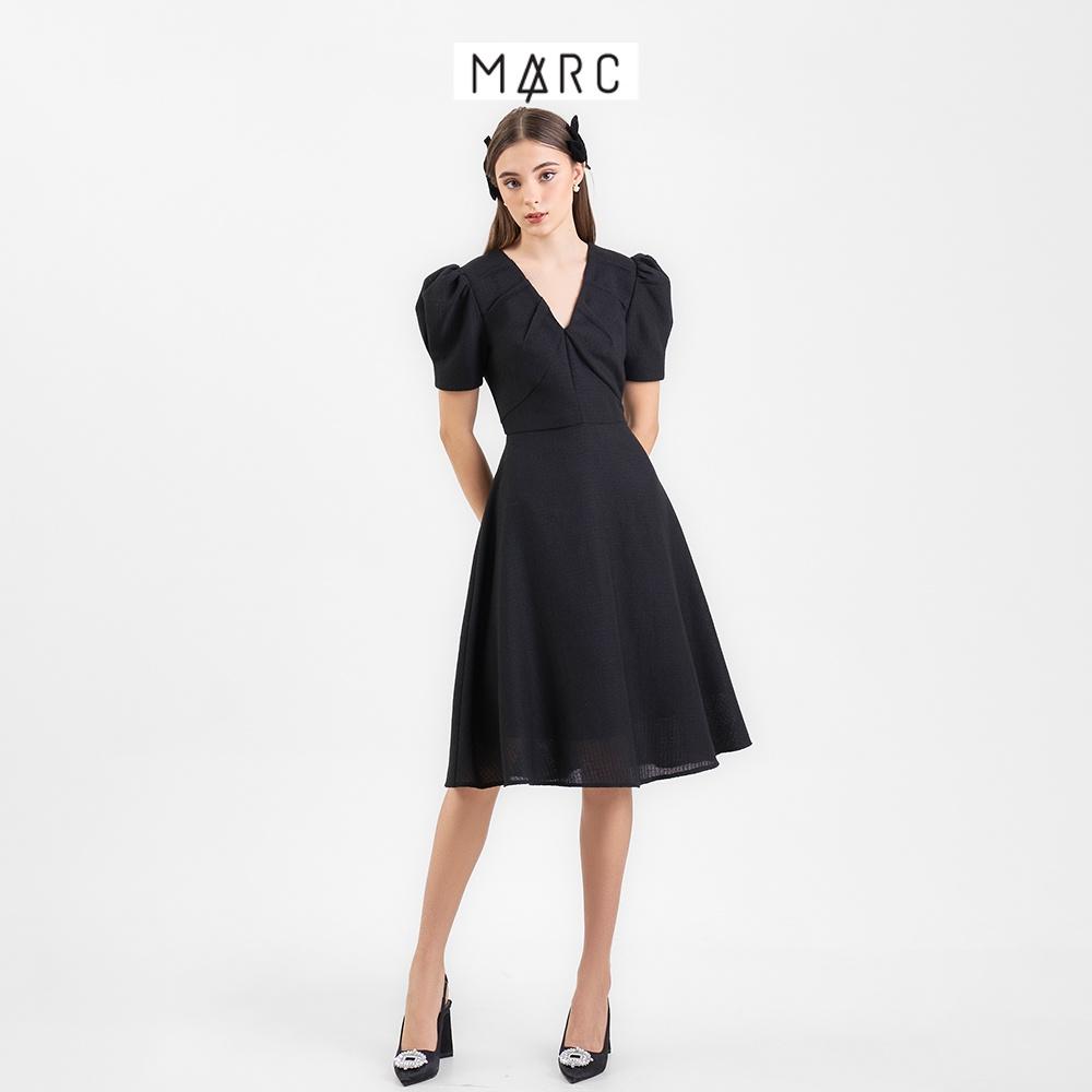 Đầm midi nữ MARC FASHION tay phồng cổ tim dằn li CBSH110622
