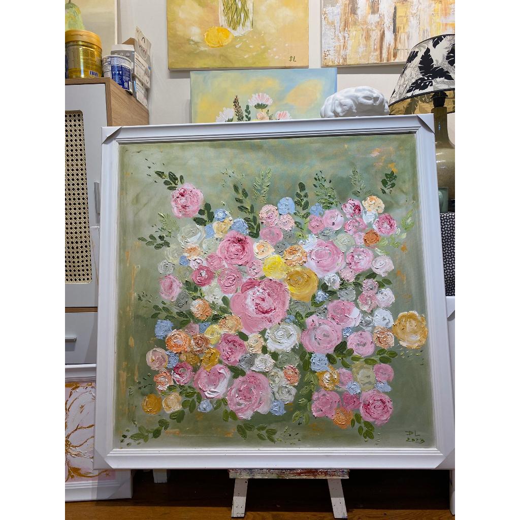 Tranh treo tường vườn hồng sang trọng - Tranh vẽ tay đắp nổi nghệ thuật- Tranh sơn dầu Tranh Nhà Liên