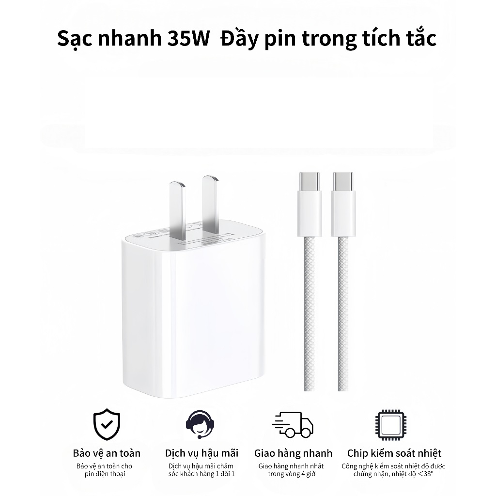 Bộ dây và củ sạc nhanh 35w type C dùng cho IP 17, 16, 15, Galaxy Note10 Plus, S20 Ultra và các dòng điện thoại dùng chung cổng Type C - Hàng nhập khẩu