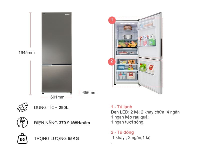 TỦ LẠNH PANASONIC 290 LÍT NR-BV320QSVN - Hàng Chính Hãng