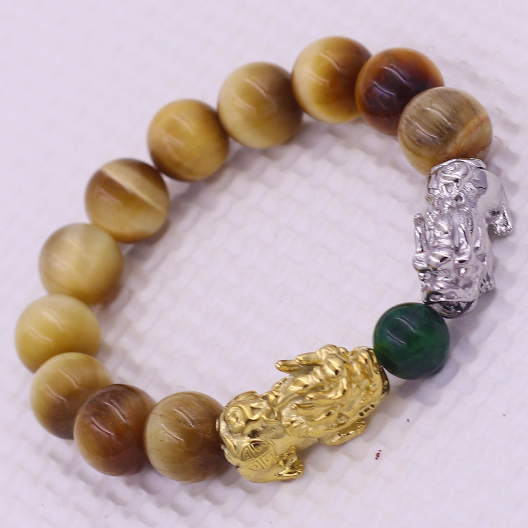 Vòng chuỗi đeo tay đá mắt hổ vàng 12 ly charm tỳ hưu đôi inox trắng và vàng, vòng chuỗi phong thủy, charm tỳ hưu, vòng tay hạt chuỗi