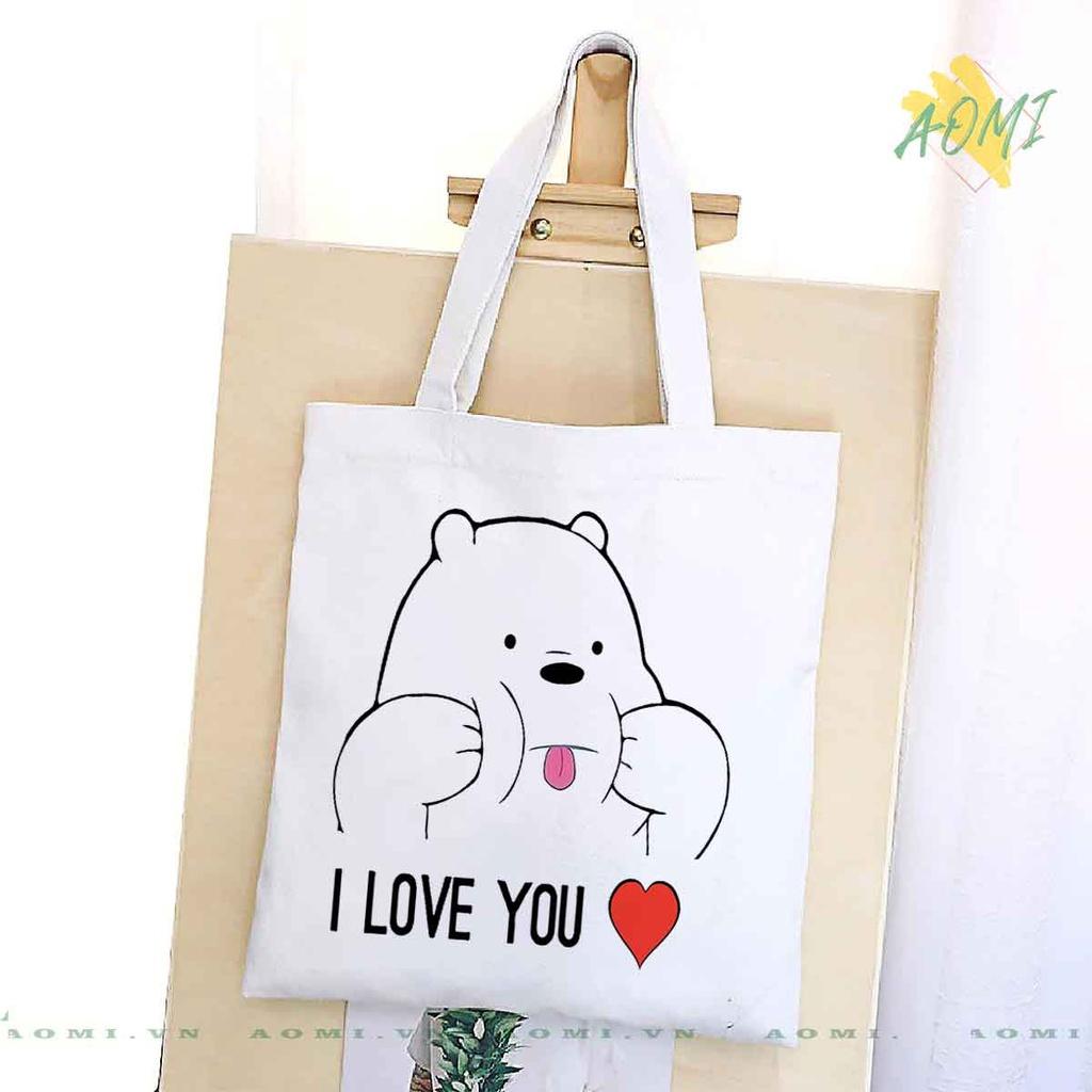 TOTE CANVAS GẤU WE ARE BEARS TÚI VẢI ĐEO VAI BAG KHÓA KÉO SIZE LỚN 33x38cm AOMIVN MÀU ĐEN TRẮNG