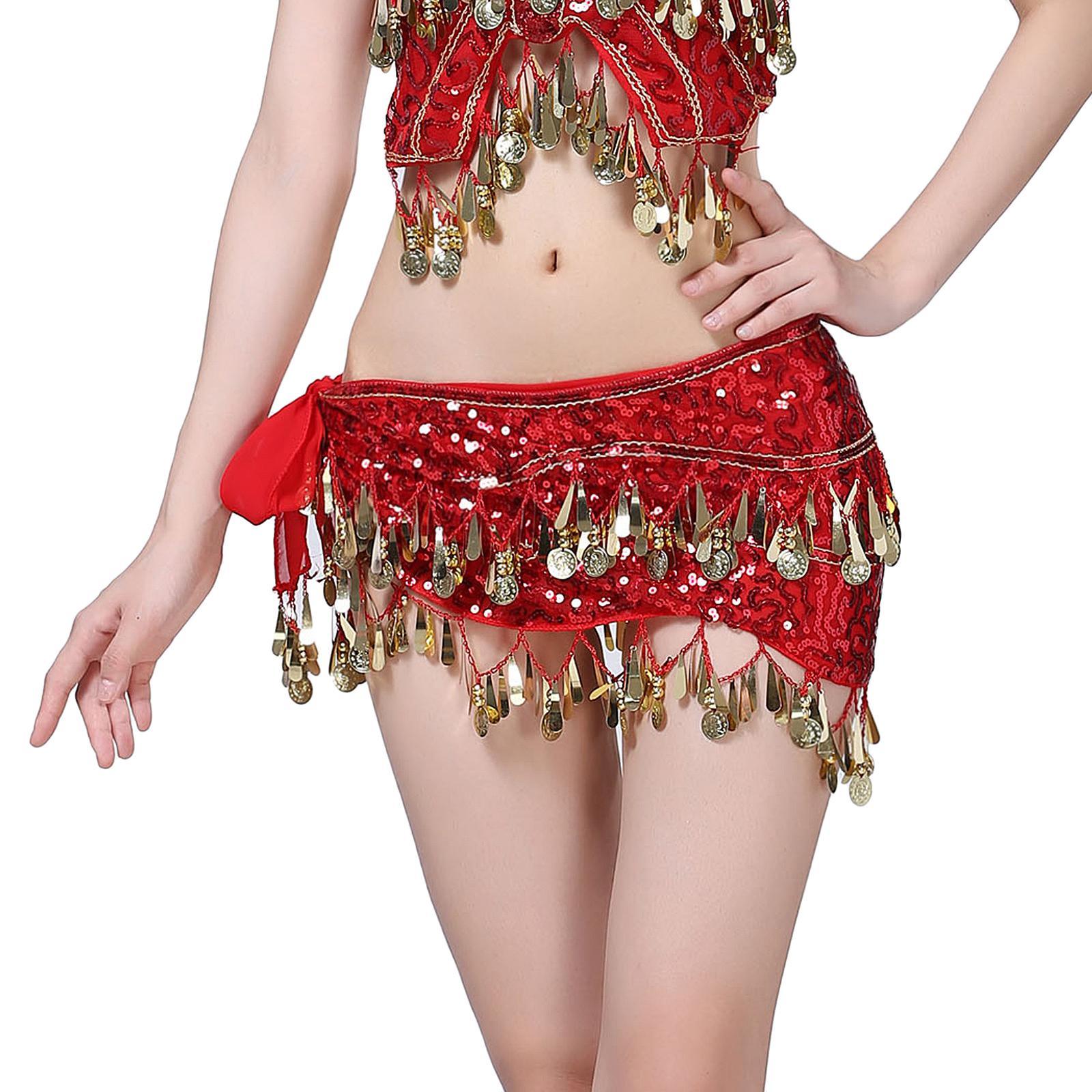 Belly Dance Hip Scarf Sequin Dance Belt Tassel Coins Skirt Belt Red