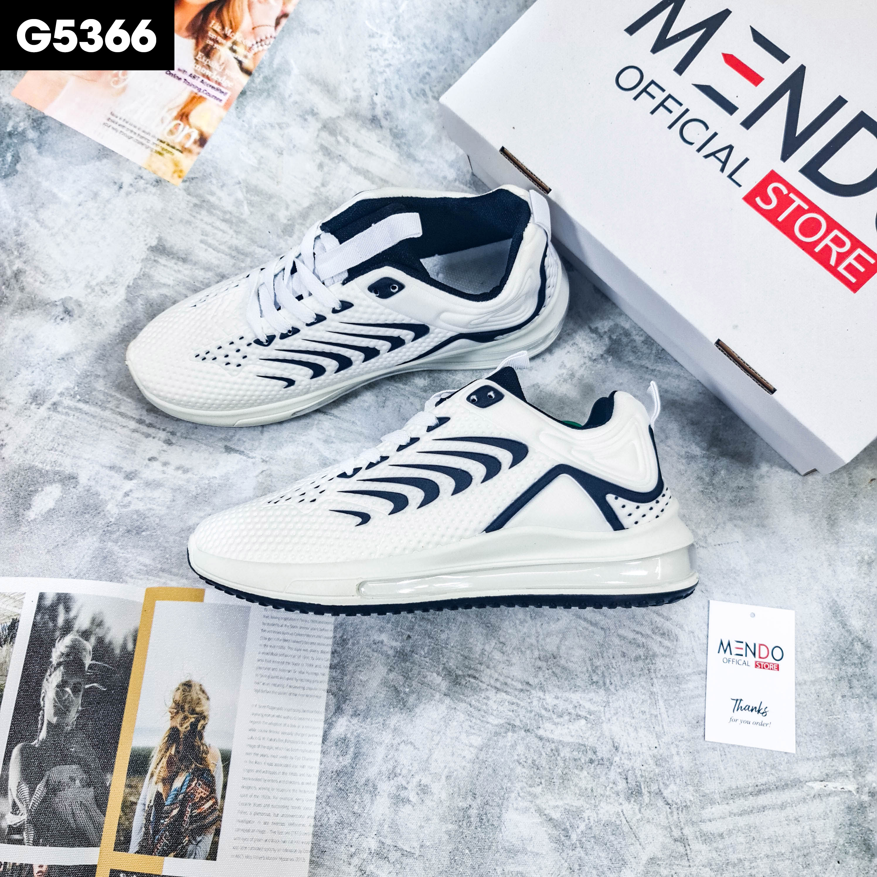 Giày Thể Thao Nam MENDO - Giày Sneaker Màu Trắng - Xanh Than, Giày Thể Thao Họa Tiết Dấu Phẩy Đơn Giản  - G5366