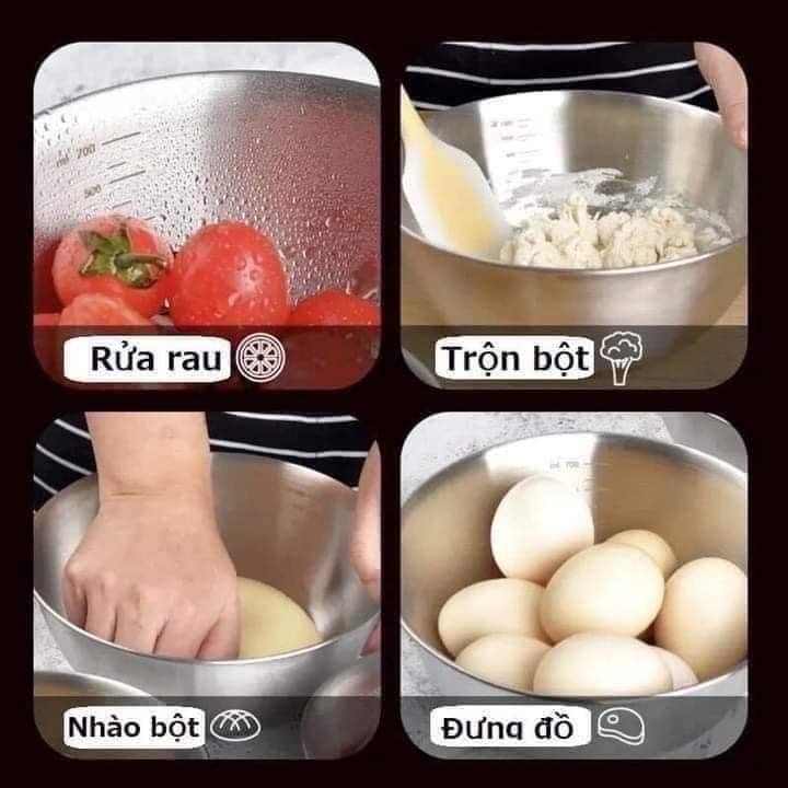 COMBO 3 BÁT TÔ VỚI 3 KÍCH CỠ KHÁC NHAU TRỘN SALAD, NHÀO BỘT ĐÁNH TRỨNG, ĐỰNG ĐỒ ĐA NĂNG, CHẤT LIỆU INOX 304 CAO CẤP, THIẾT KẾ SÂU LÒNG BÊN TRONG CÓ CHIA VẠCH