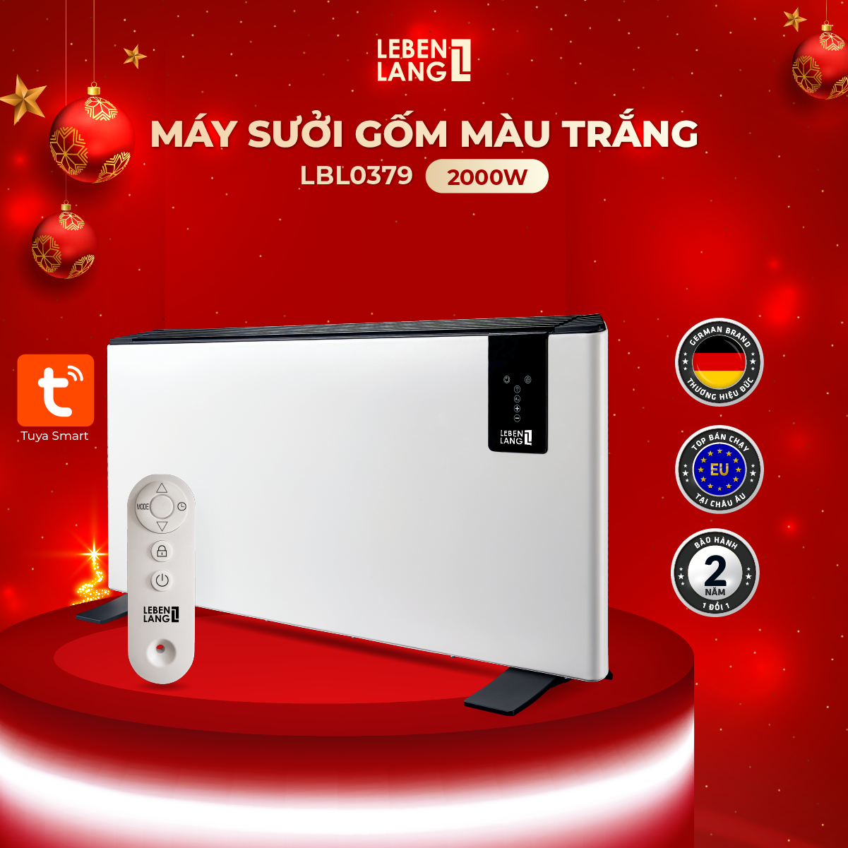 Máy sưởi gốm Lebenlang LBL0379, quạt sưởi gốm công suất 2000W, điều khiển từ xa tiết kiệm điện, an toàn cho gia đình - hàng chính hãng