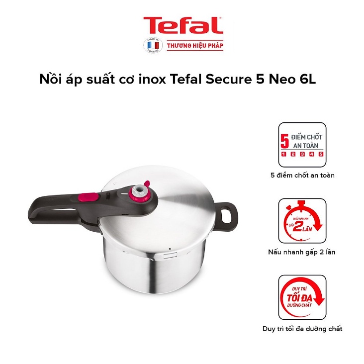 Nồi áp suất cơ inox Tefal Secure 5 Neo 6L - P2530750, dùng cho mọi loại bếp - Hàng chính hãng