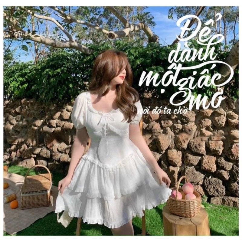 ĐẦM DÁNG XÒE Đầm trắng tầng viền bèo