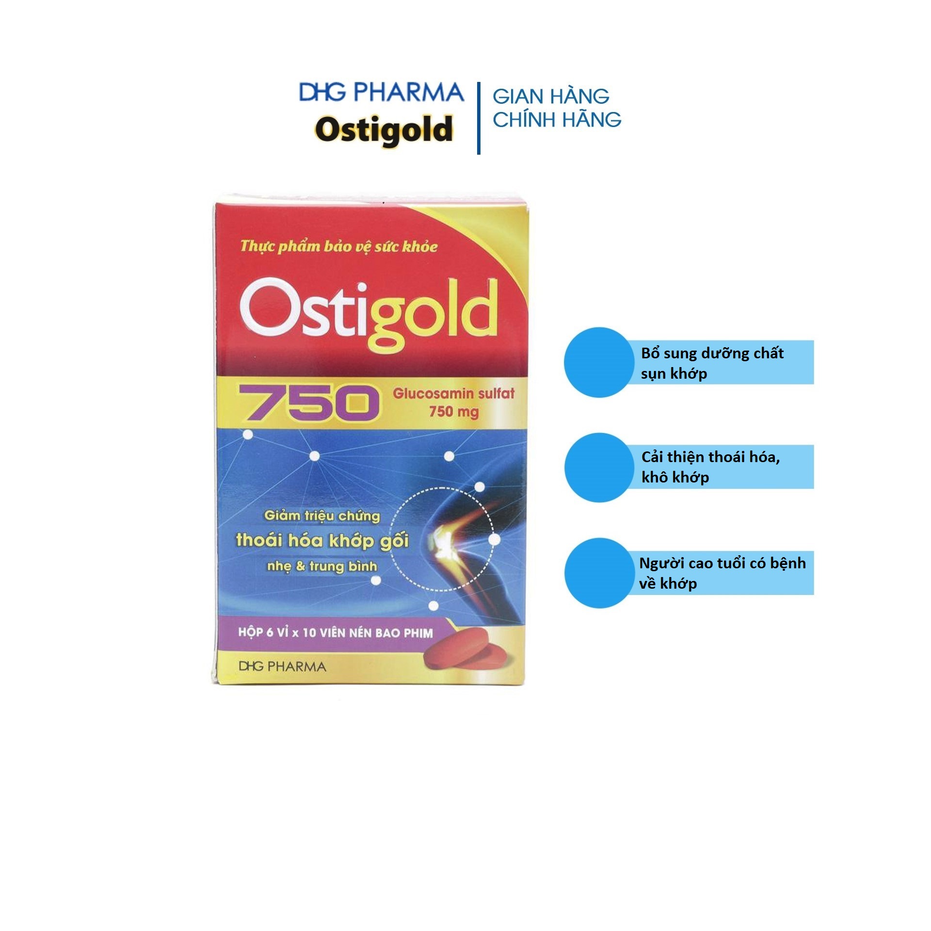 TPCN OSTIGOLD 750 hỗ trợ bổ sung dưỡng chất cho sụn khớp, tăng khả năng vận động khớp 6 vỉ ×10 viên - Chính hãng DHG Pharma