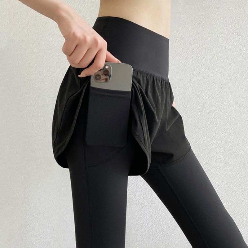 F.Dyraa Gym Yoga Leggings với Pocket Fitness Fake Hai mảnh Đồ đào tạo đồ thể thao Chạy bộ quần áo nữ cao Color: black Size: XXL