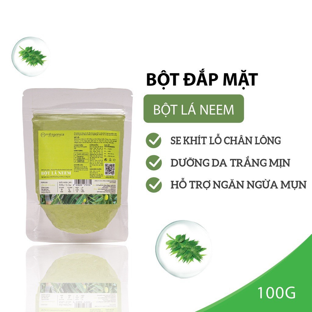 Bột Lá Neem Nguyên Chất Đắp Mặt Nạ Ngừa Mụn, Trắng Da MILAGANICS 100gr (Túi Zip)