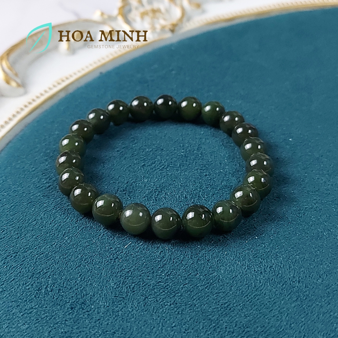 Vòng tay đá Ngọc Bích Nephrite tự nhiên xanh đậm size hạt 7.9 - 8.3 li không kén mệnh