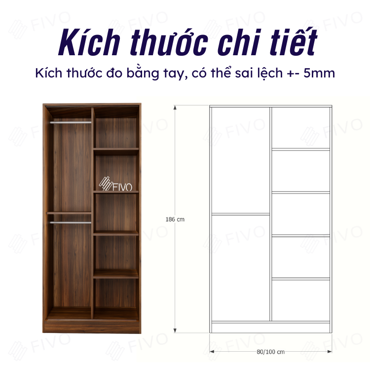 Tủ Áo Quần Cửa Trượt FIVO FC31 Gỗ Chống Ẩm Cao Cấp Dày Dặn, Màu Walnut Ấm Cúng Cho Phòng Ngủ