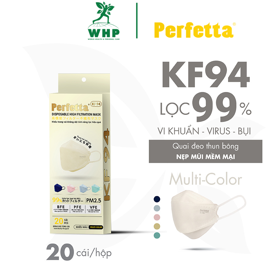1 Hộp – PERFETTA KF94 – Khẩu Trang Phong Cách Hàn Quốc Chất Lượng Cao, Kháng Khuẩn, Chống Bụi Mịn, 3 Lớp, Bảo Vệ Tối Ưu, Đóng Gói Từng Cái – 20 cáihộp – Multicolor