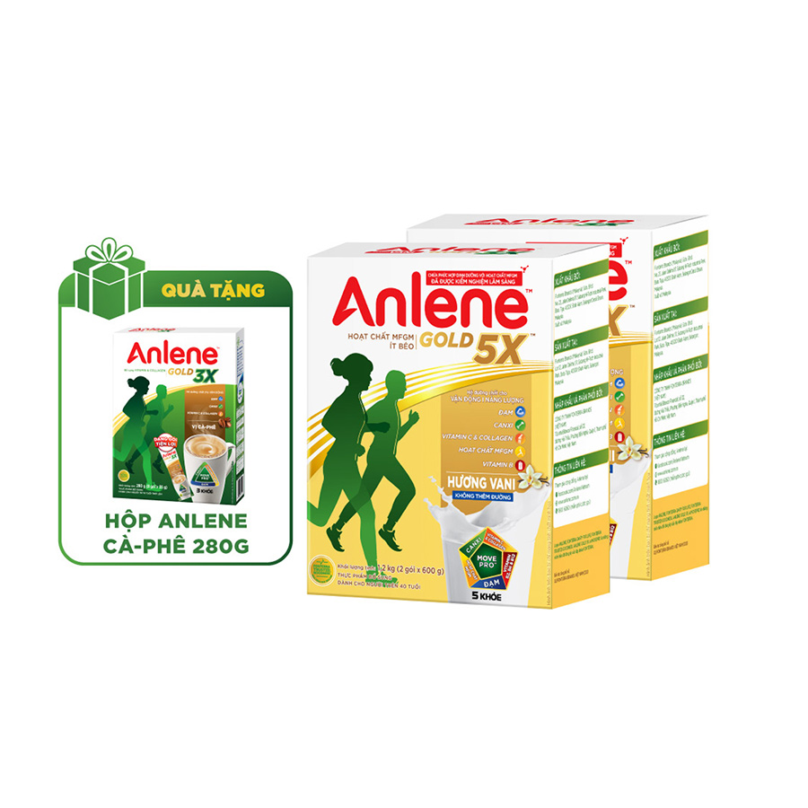 Combo 2 Sữa Bột Anlene Gold 5X Hương Vanilla (Hộp giấy 1200g) tặng hộp Anlene cafe 280g