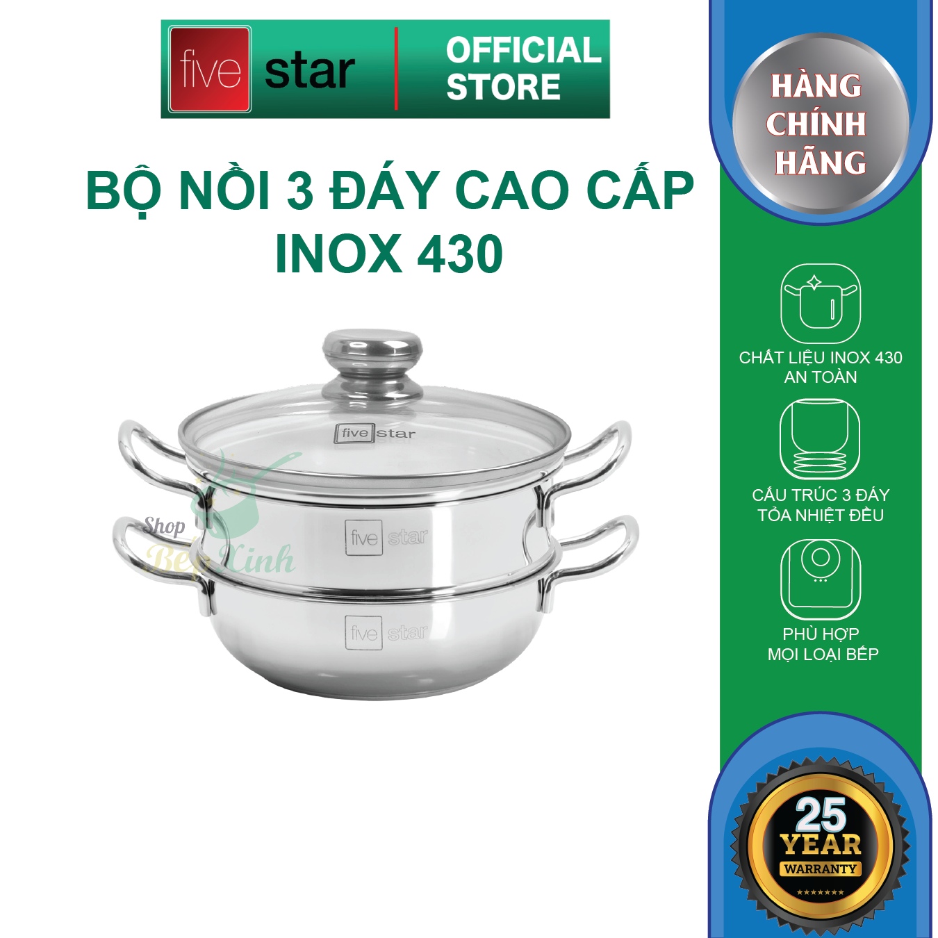 Nồi lẩu xửng hấp FIVESTAR 3 đáy từ nắp kính