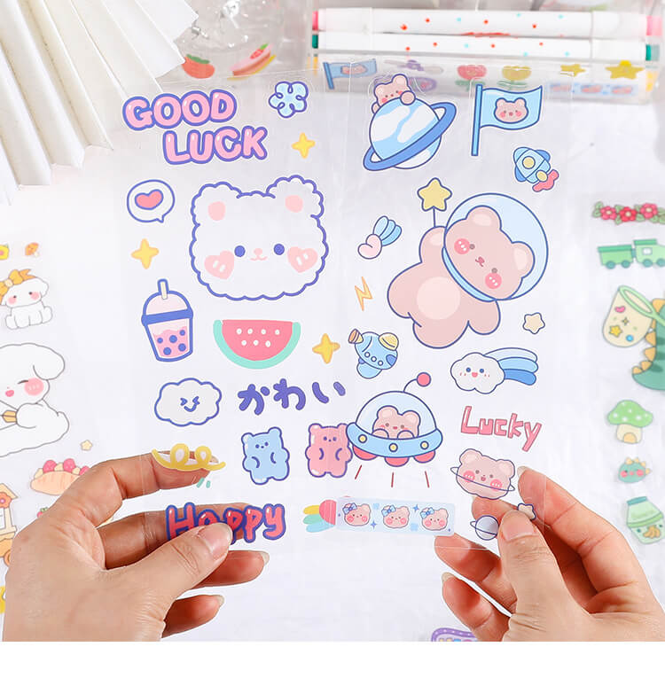SET 6 Tờ 90 Nhãn Dán Sticker Thỏ Gấu PET Trong Suốt Cute Không Thấm Nước Trang Trí Dễ Thương