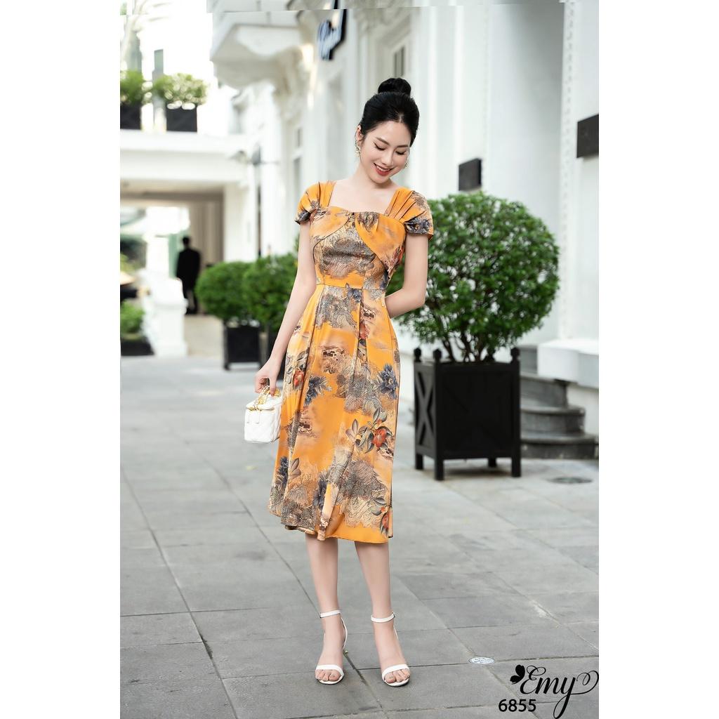 Đầm EMY EM6855 Xoè Cổ Vuông Tay Xếp Ply