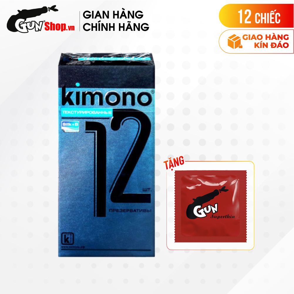 [Hộp 12 cái] Bao cao su Kimono Dotted - Mỏng 0,03mm, điểm nổi kèm 1 chiếc BCS Gun Super Thin