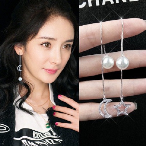 Bông Tai Bạc Ý S925 Hình Trăng Sao Sợi Dài Cao Cấp Sang Trọng