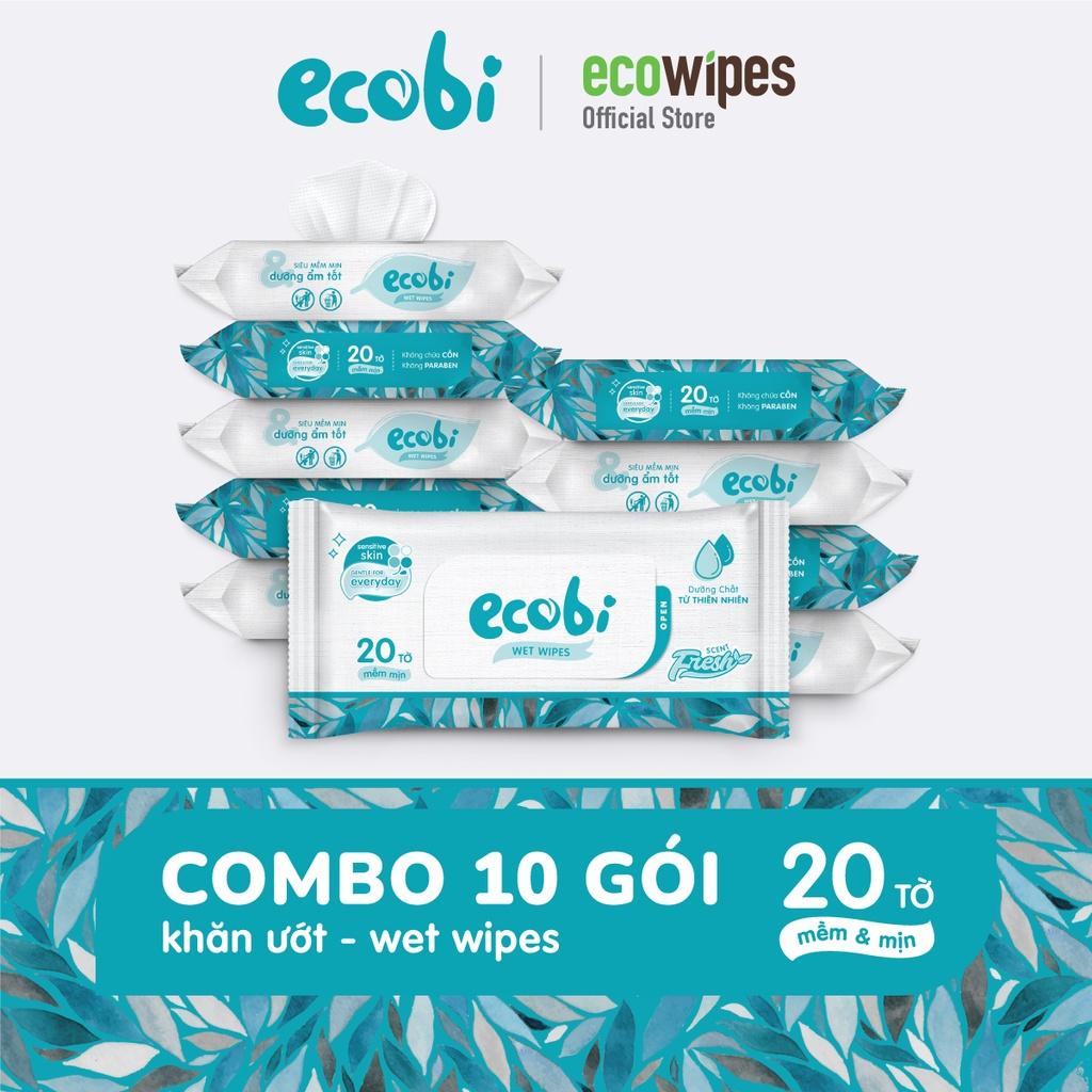 Combo 10 gói khăn giấy ướt cho bé Ecobi gói 20 tờ không mùi không cồn không paraben an toàn cho trẻ