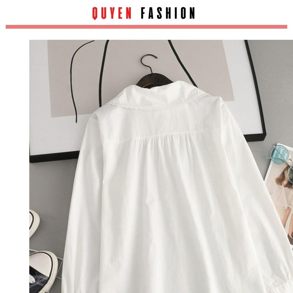 Áo sơ mi cổ thêu hoa công sở Quyên Fashion AA555 màu trắng tay tiểu thư