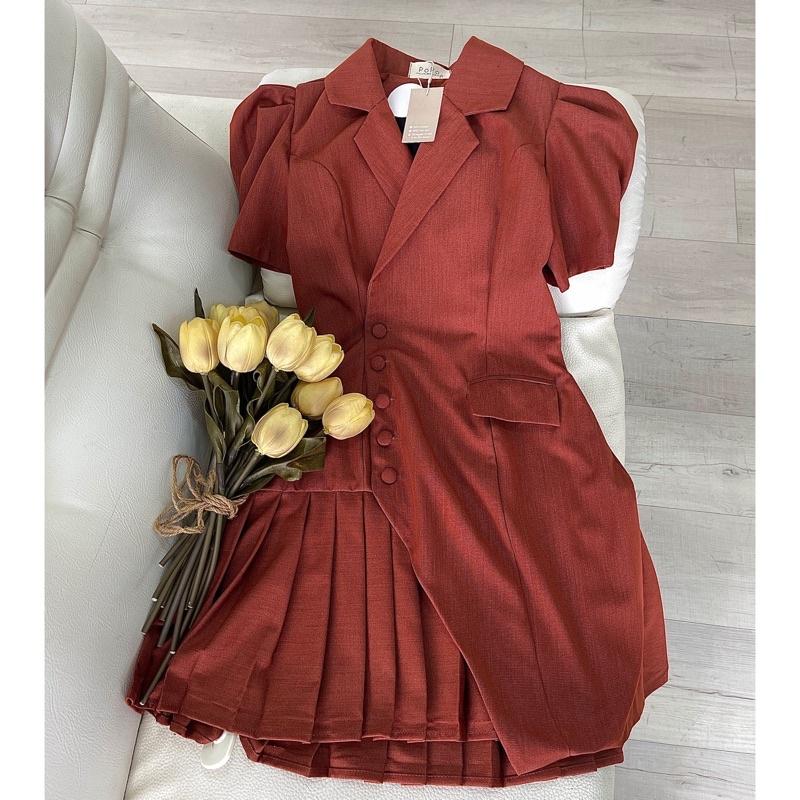 MINA DRESS Đầm vest xếp li nút bọc