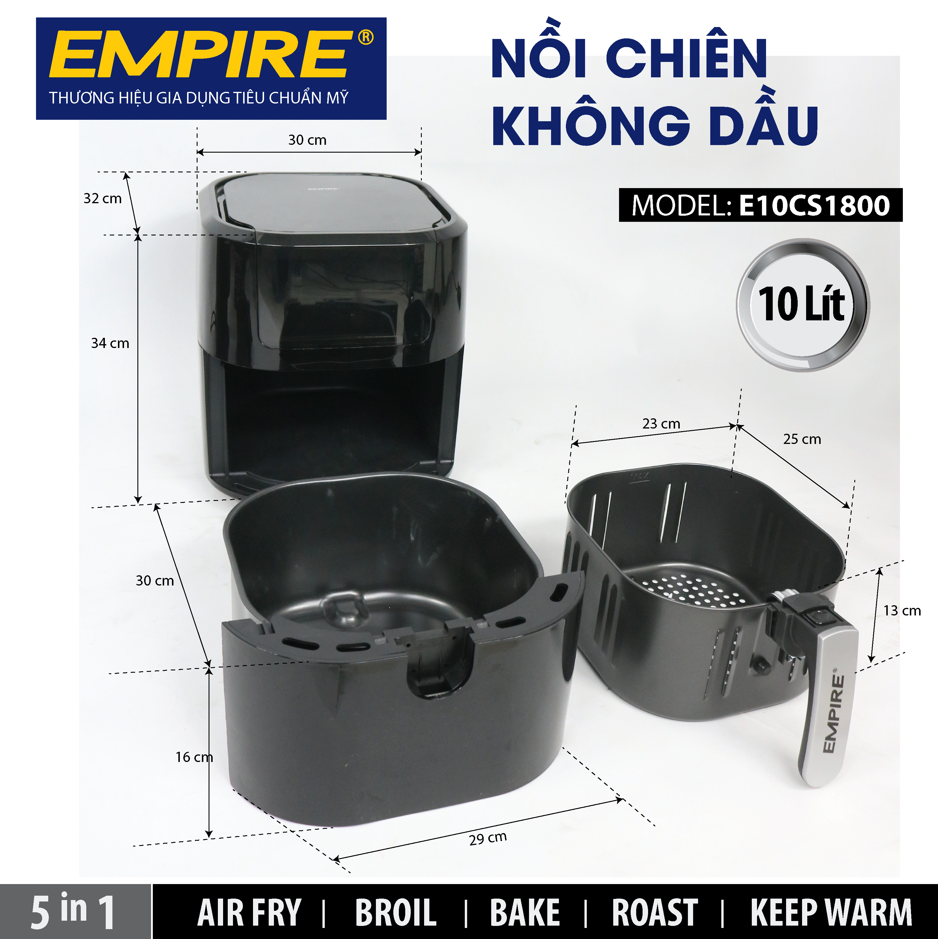 Nồi chiên không dầu EMPIRE 10 lít model E10CS1800 - HÀNG CHÍNH HÃNG - HÀNG NHẬP KHẨU