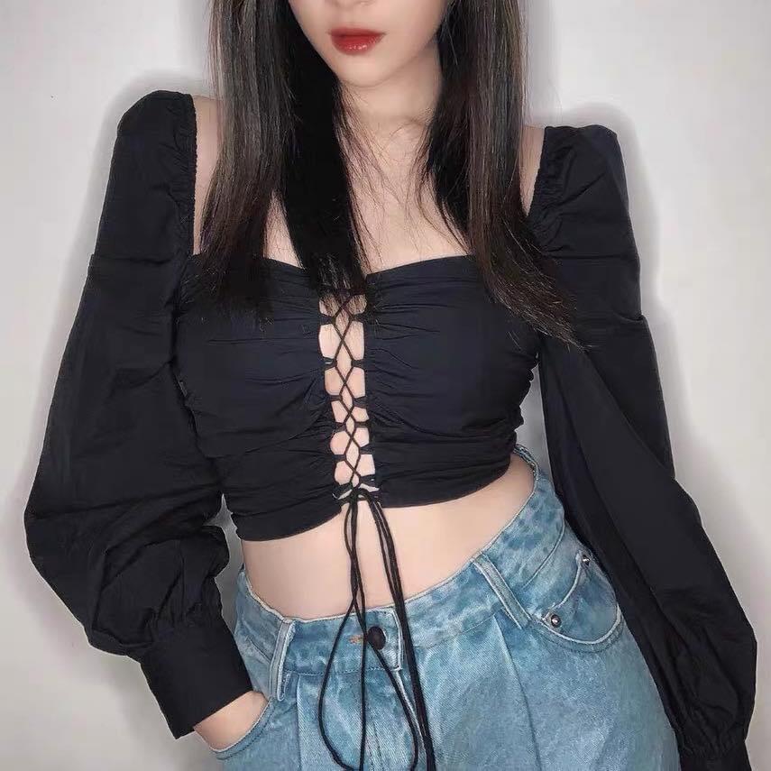 (ẢNH THẬT) Áo Croptop Đan Dây Tay Dài Daisy (TRẮNG+ĐEN