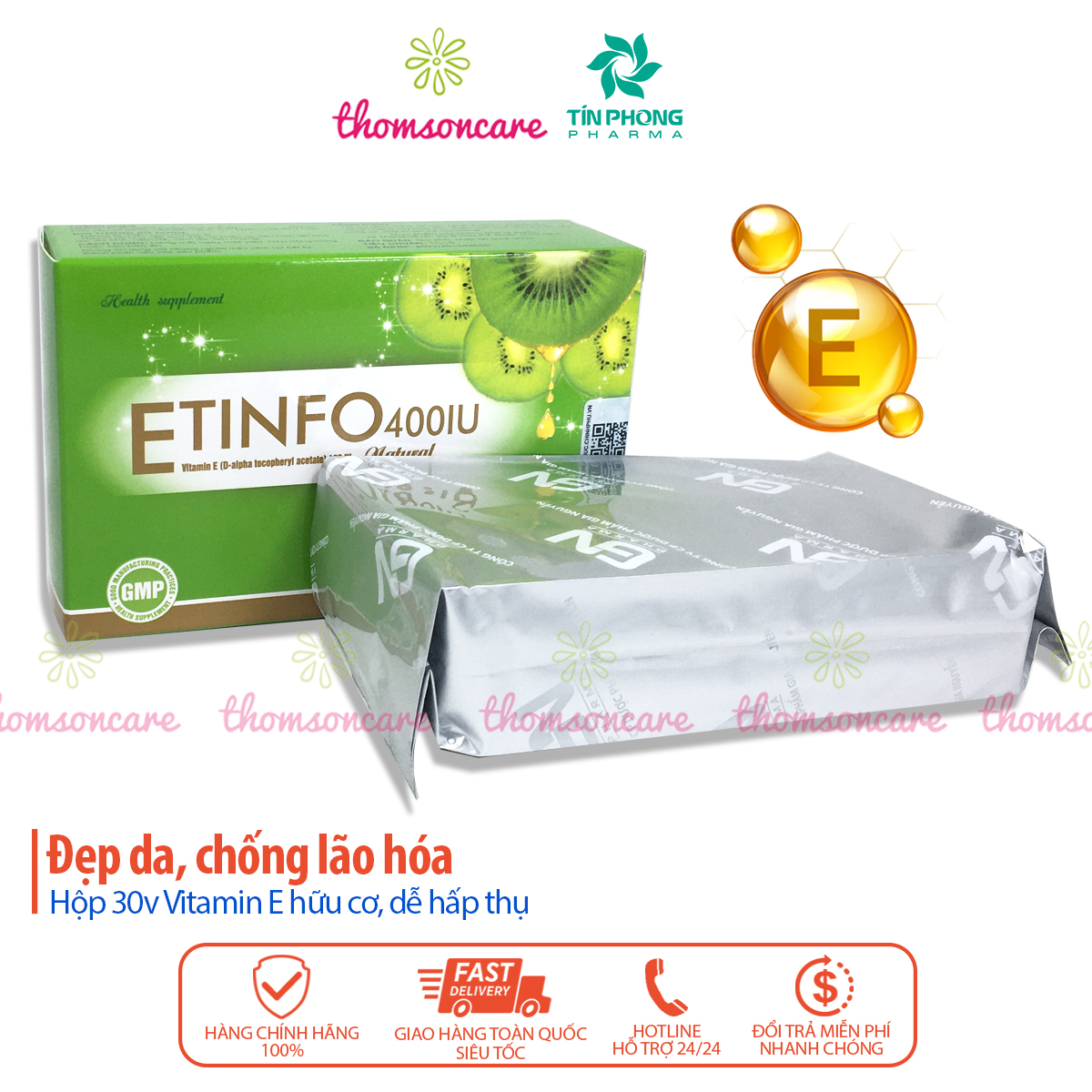 Viên uống Vitamin E 400 IU - Bổ sung vitaminE tự nhiên, giúp đẹp da, ngăn ngừa lão hóa - Etinfo Hộp 30 viên